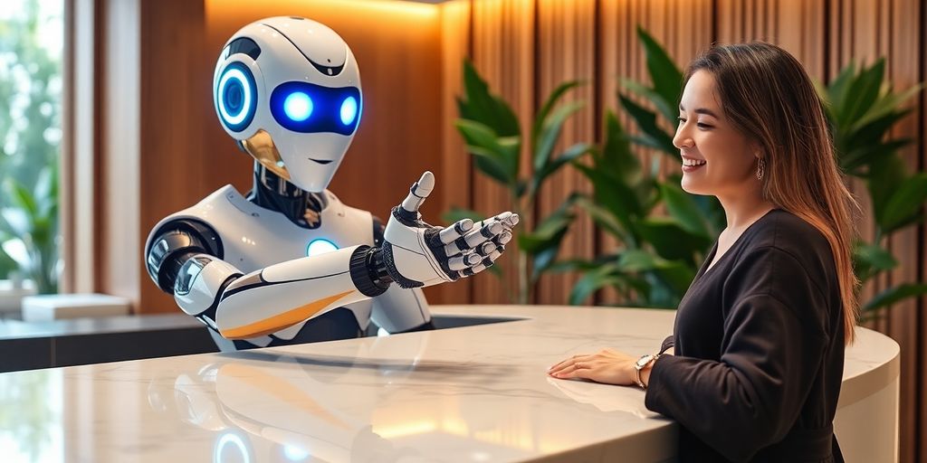 Sleek robot greets spa customer warmly.