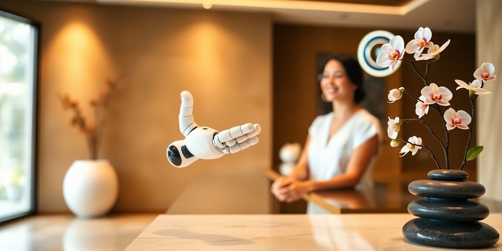 Sleek robot receptionist greets spa client.