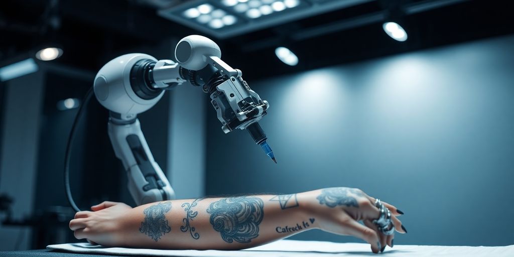 Robotic arm tattooing human arm