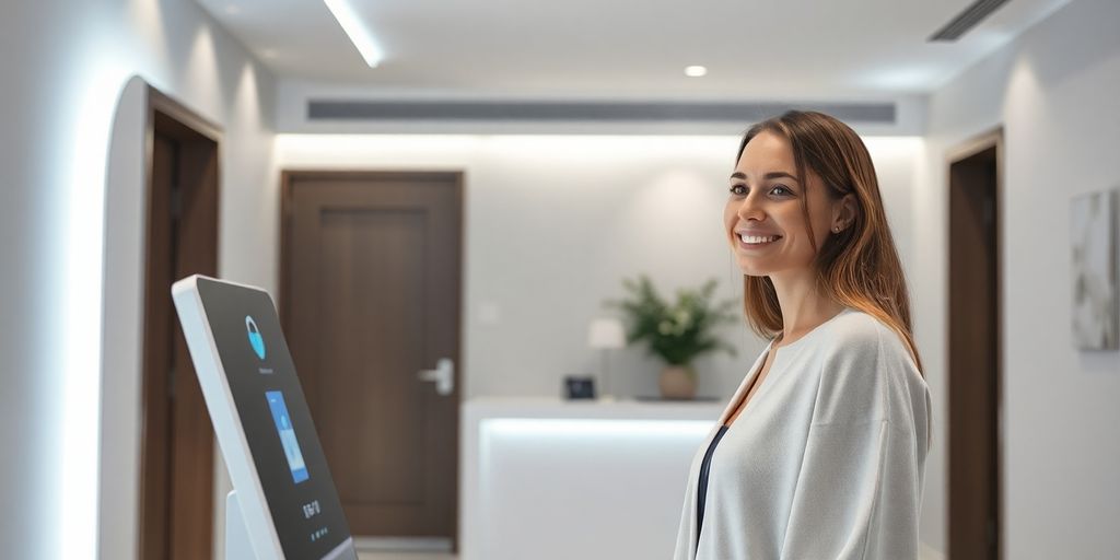 AI receptionist greeting cosmetic clinic patient.