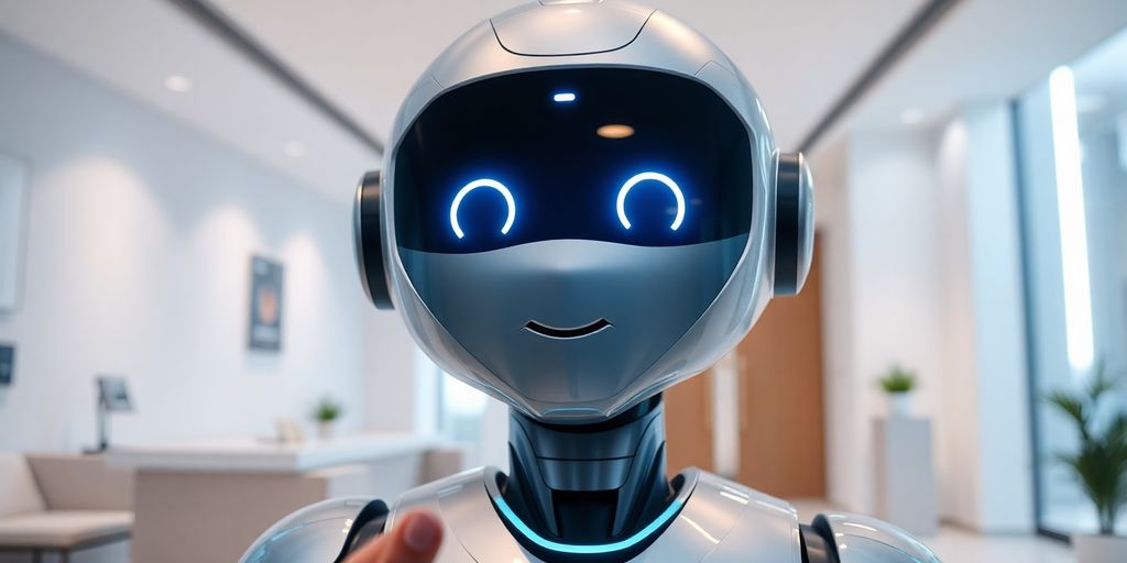 Sleek AI robot greeting patient at clinic.
