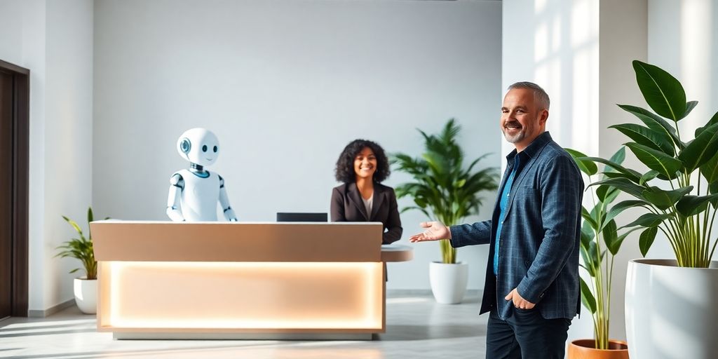 AI receptionist greeting happy medspa client