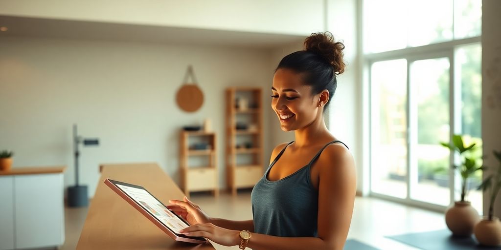 AI yoga studio front desk with happy members.