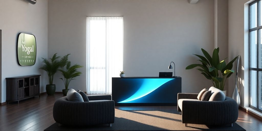 Yoga studio front desk with modern technology.