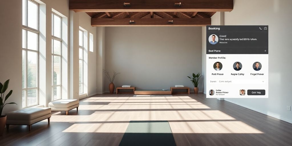 Yoga studio with AI interface displaying bookings.