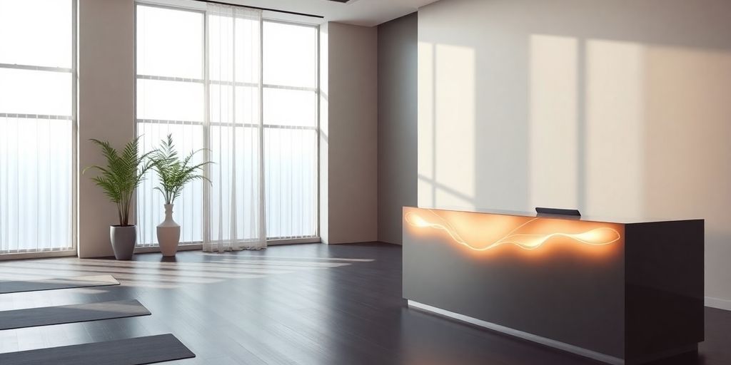 Yoga studio interior with digital interface.
