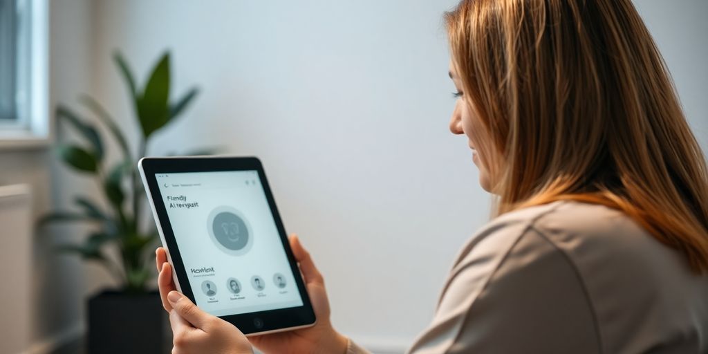 Therapist interacting with AI interface on tablet screen.