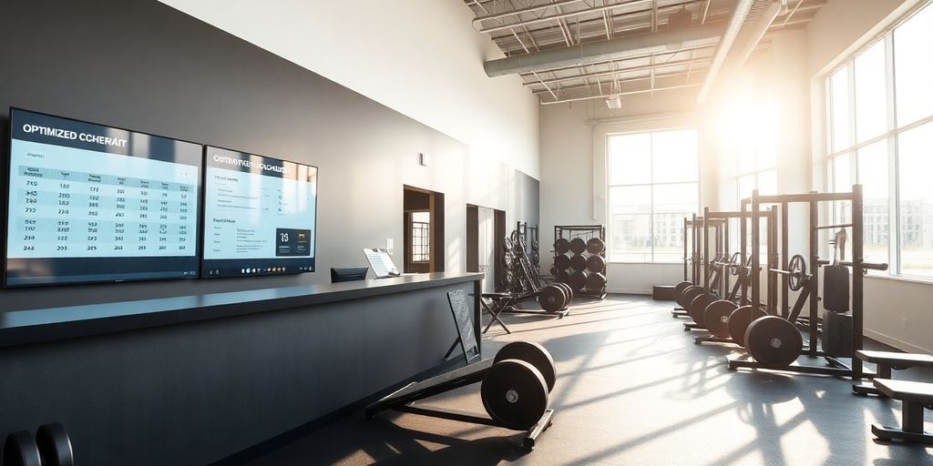 Modern gym reception with AI interface.