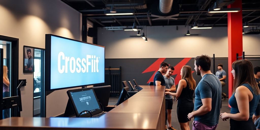 Bright gym interior with smiling members and a sleek AI interface.