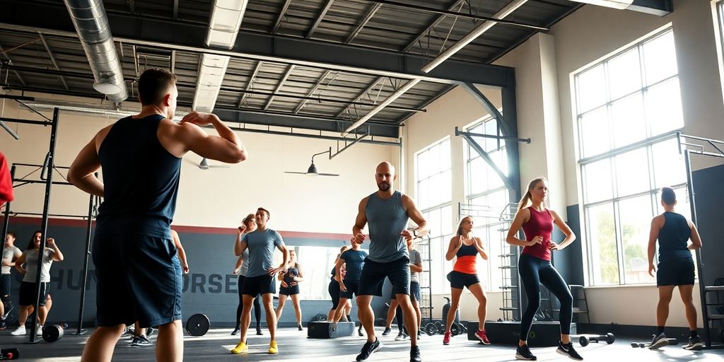 Modern gym with people working out.