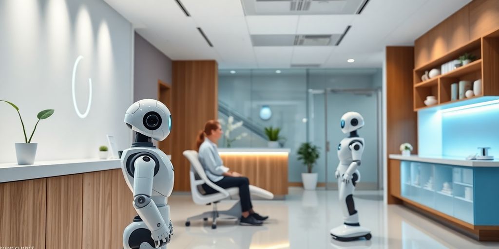 AI robot assisting patient at dental clinic reception.