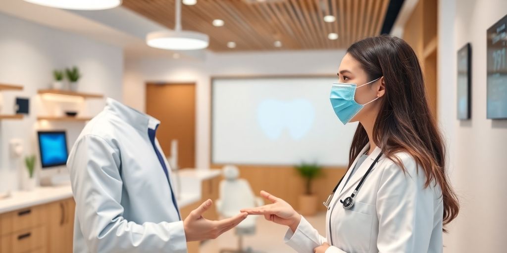 Dentist using AI technology at clinic reception.