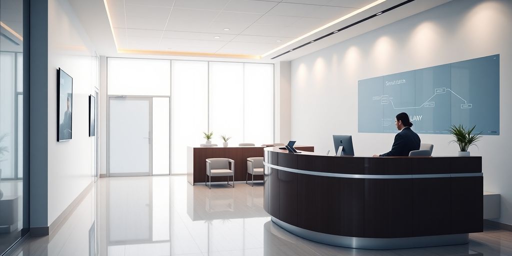 AI receptionist assists immigration lawyer at desk.