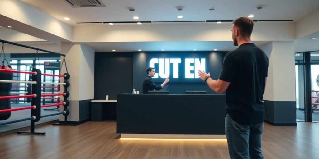 Boxing gym receptionist interacting with AI interface.