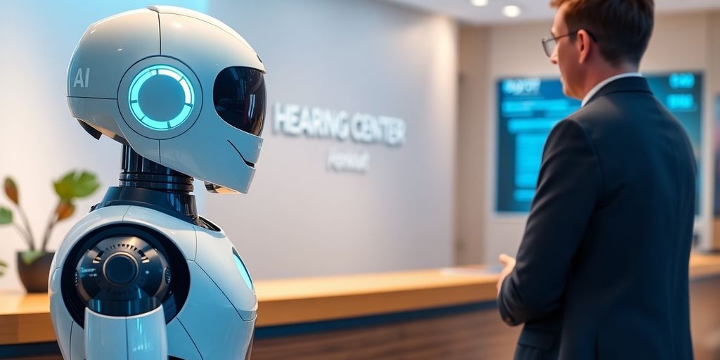AI receptionist helping patient at hearing center desk.