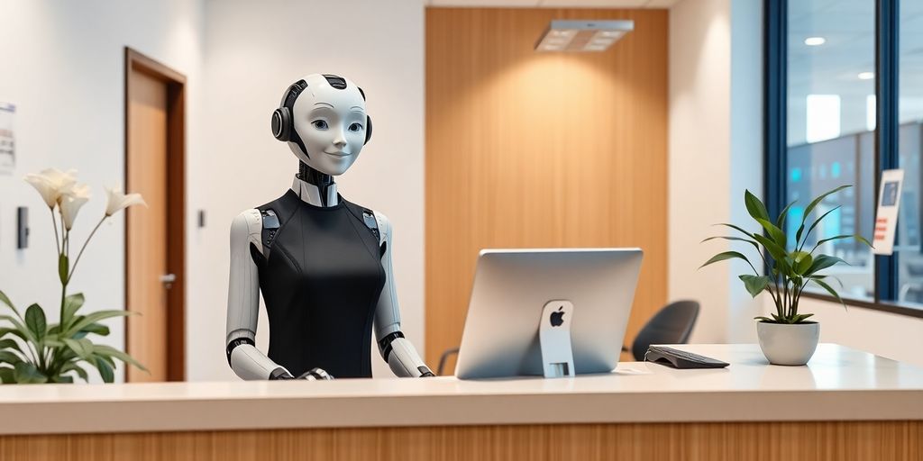AI receptionist smiling at a hearing center.