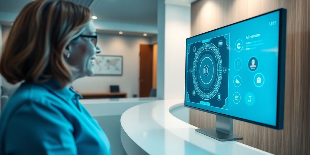 AI receptionist assisting patient at hearing center desk.