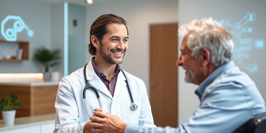 Chiropractor interacting with patient, AI interface visible.