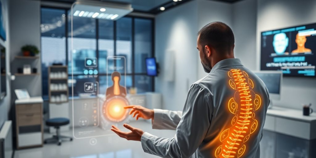 Chiropractor interacting with glowing AI interface.