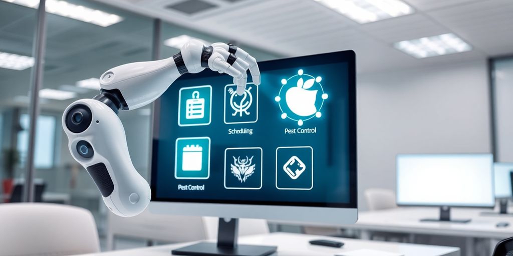 AI robot arm managing pest control scheduling.