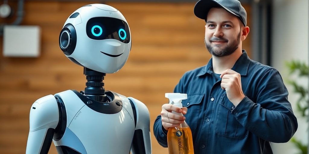 AI robot interacting with pest control equipment.