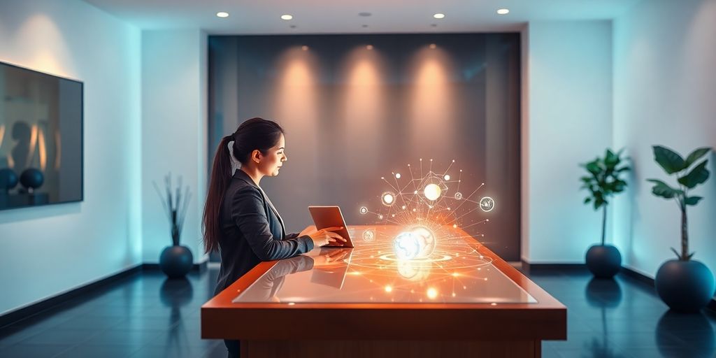 Modern fitness studio reception with advanced AI.