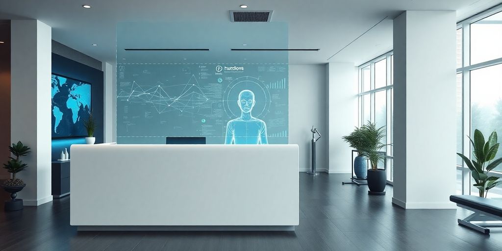 Fitness studio reception with AI assistant.
