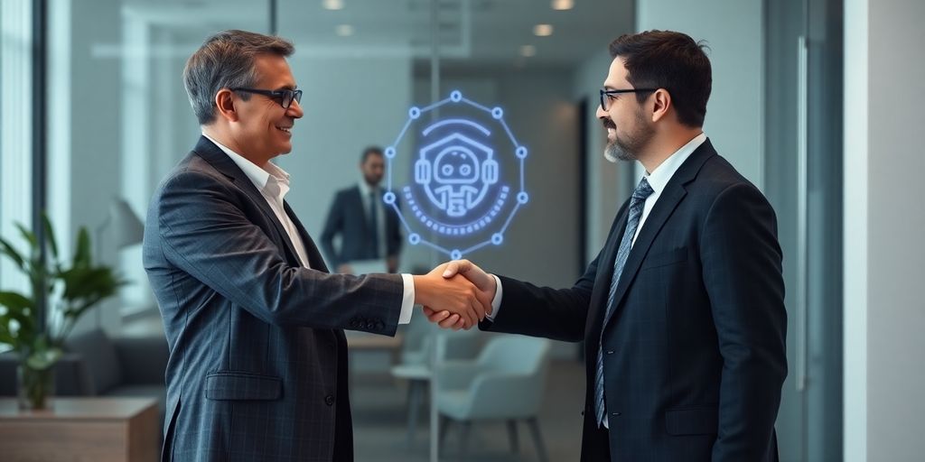 Lawyer and client interacting with futuristic AI interface.