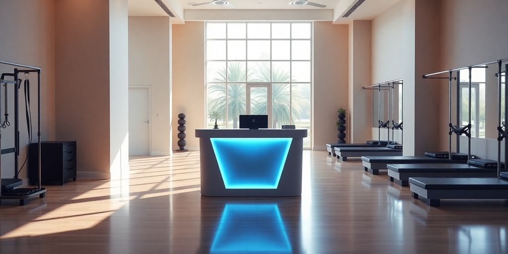 Pilates reformer with a glowing digital interface.