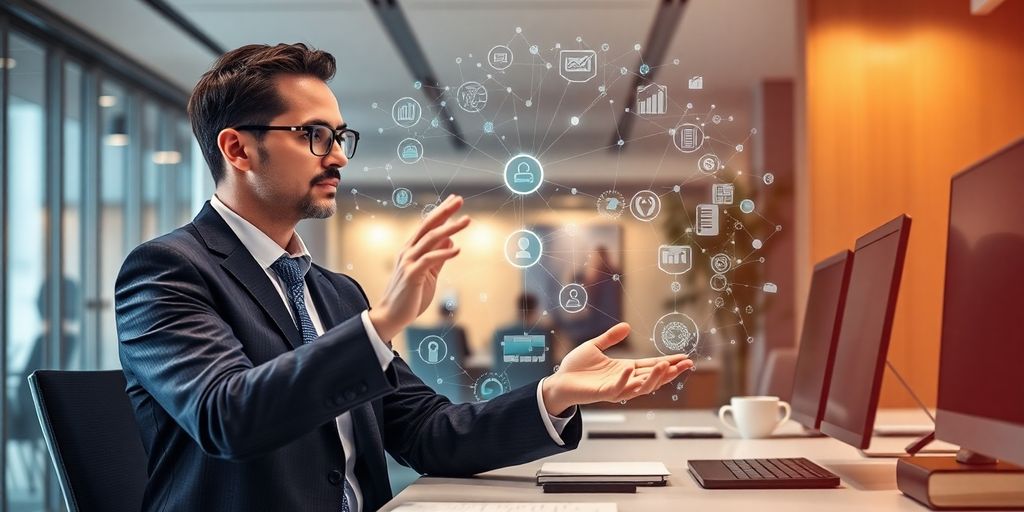 Accountant using AI virtual assistant for virtual calls.