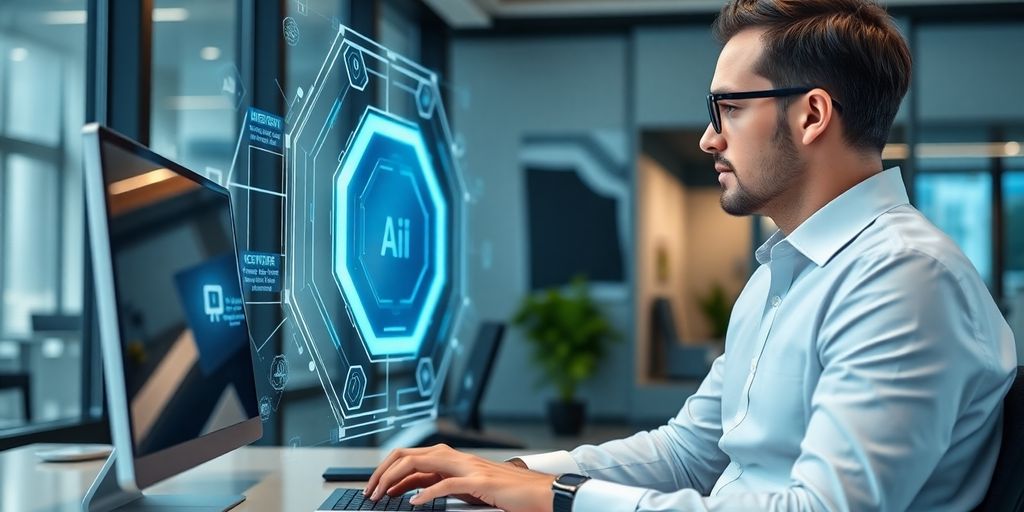 Accountant using futuristic AI desk interface.