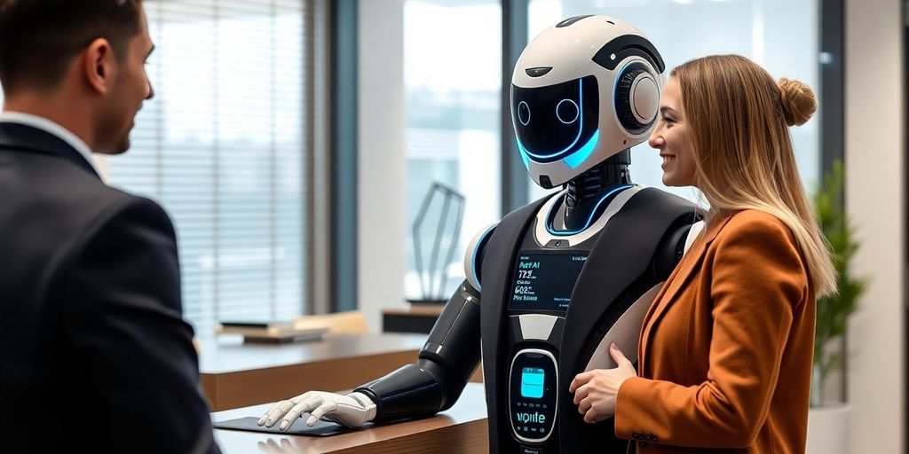 AI receptionist assisting a client in a modern office.