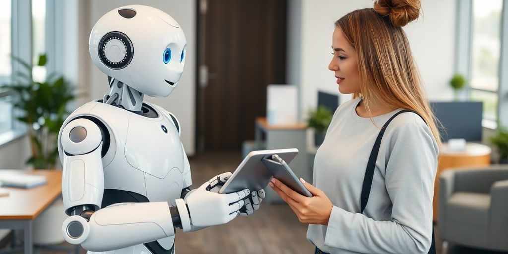 AI robot assisting customer with carpet cleaning booking.