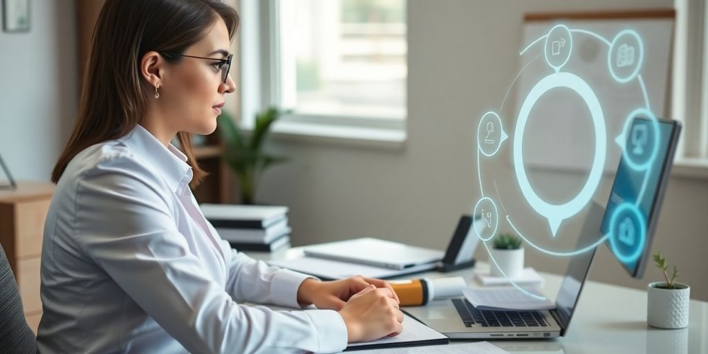 AI bot assisting a tax preparer at a desk.