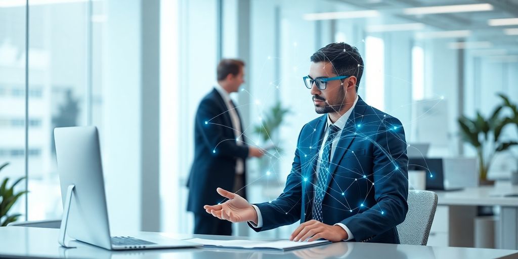 Tax preparer interacting with a futuristic AI interface.