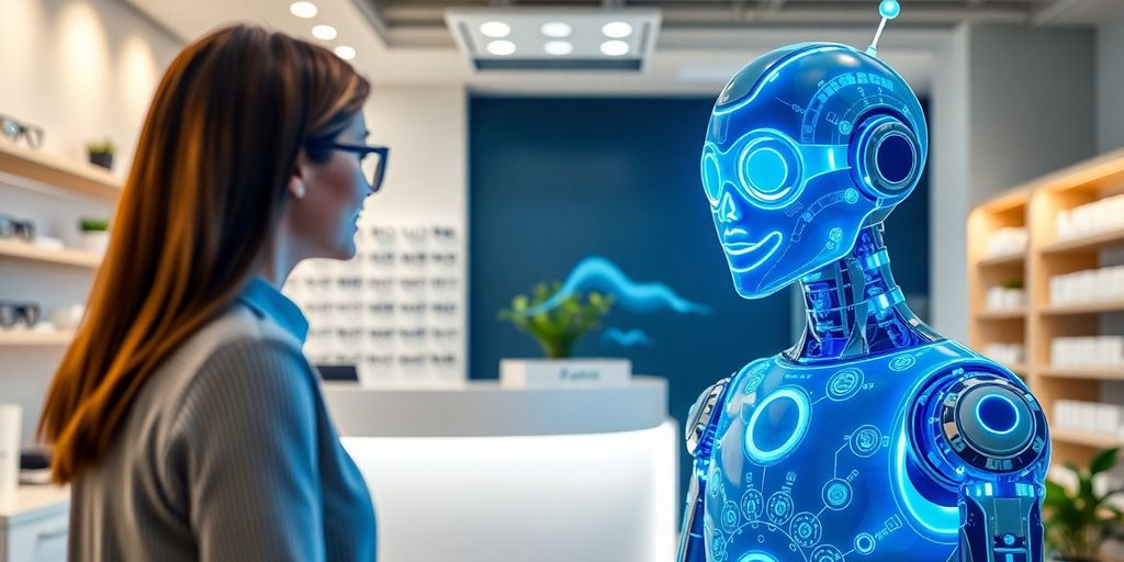 AI assistant interacting with patient in optometry office.