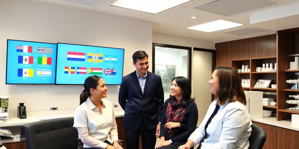 Optometry office interior with smiling staff and patients.