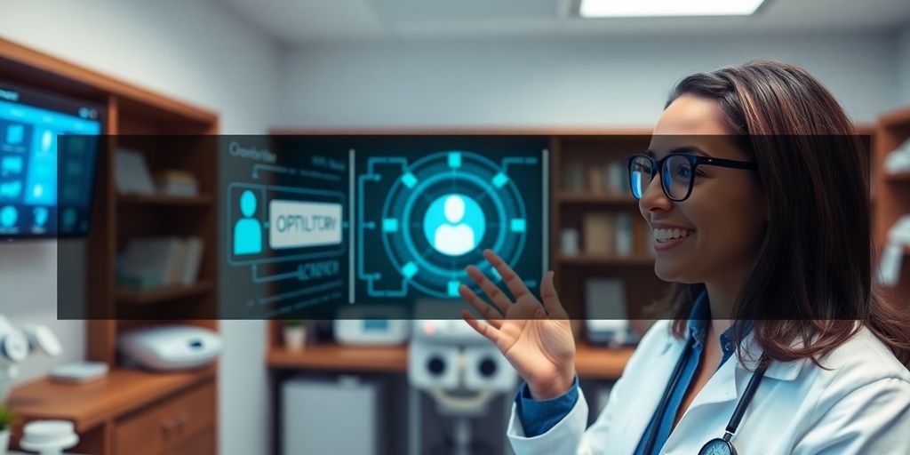 Optometrist smiling at a computer interface.