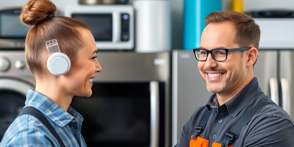 AI assistant and appliance repair technician teamwork.