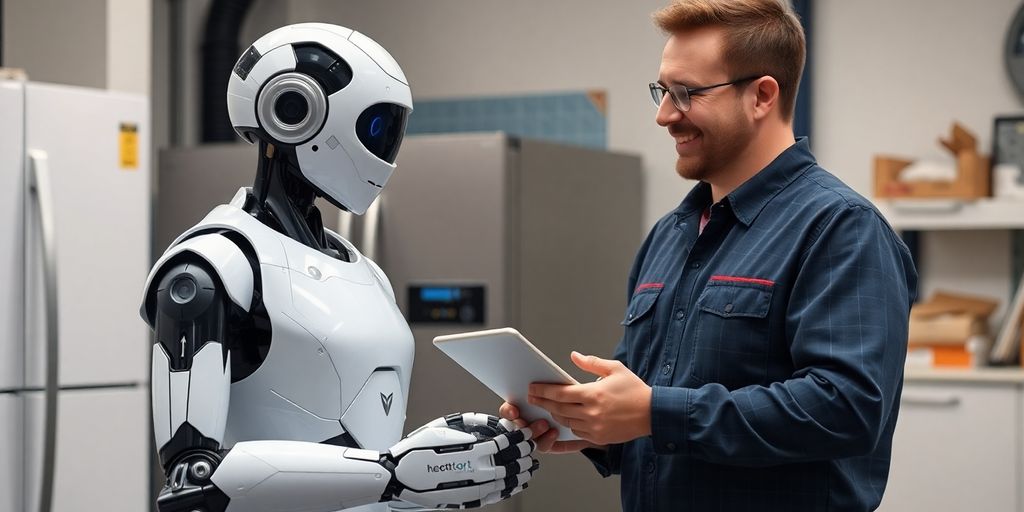 AI robot assisting appliance repair technician.