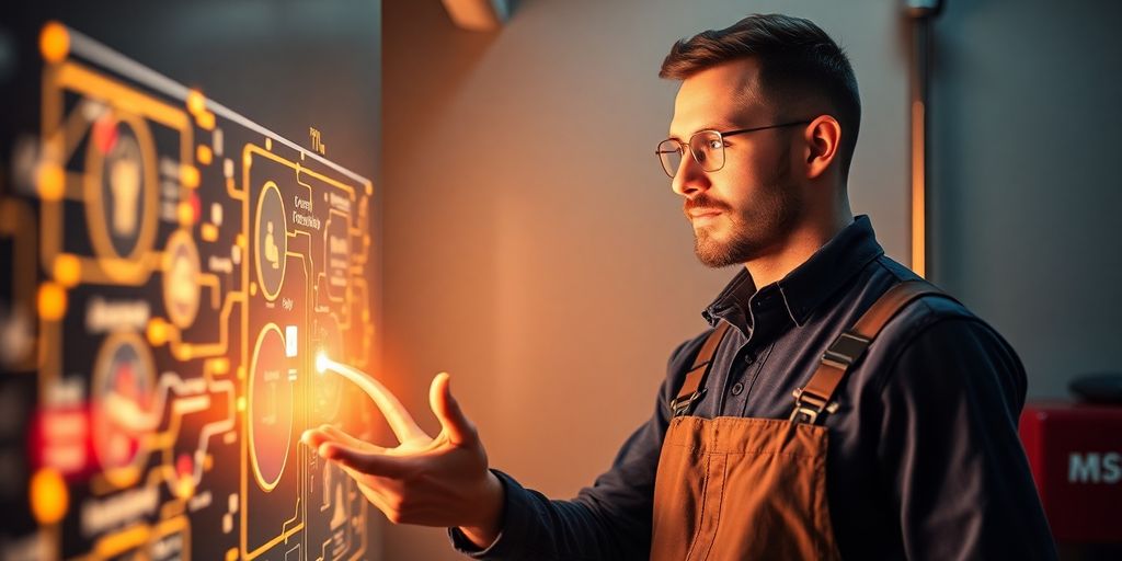 Plumber using AI interface, expanding business.