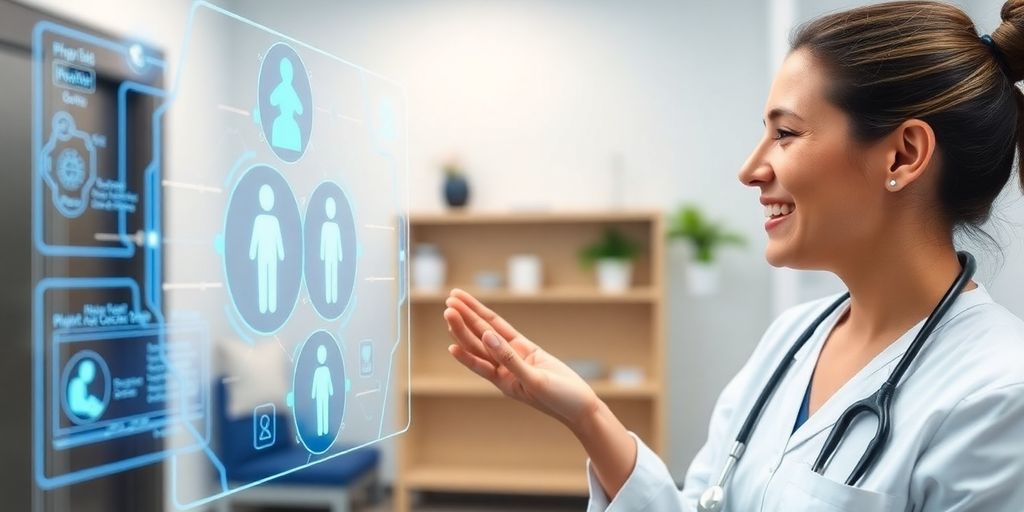 Physiotherapist interacting with a futuristic AI interface.