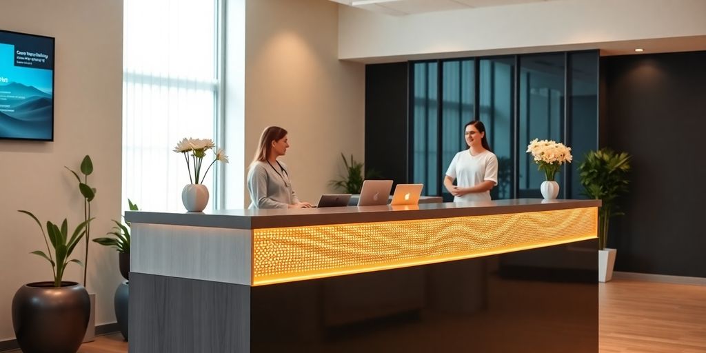 Physiotherapy clinic reception desk with AI interface.