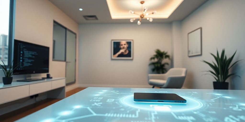 Modern office with glowing AI interface.