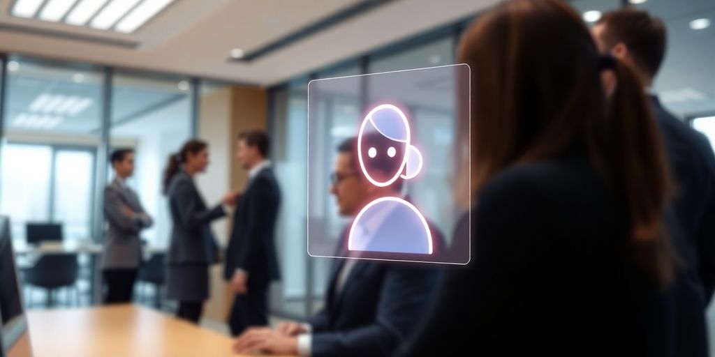 Modern office with AI assistant interacting with clients.