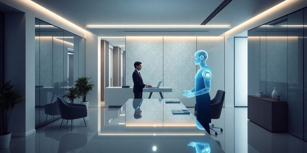 AI receptionist assisting a client in a modern office.
