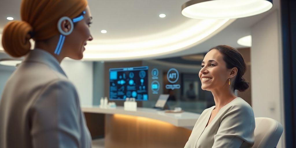 Cosmetic clinic reception with AI assistant and happy patient.