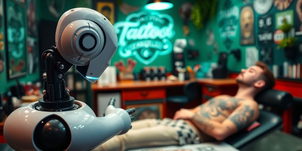 Tattoo artist and AI robot shaking hands.