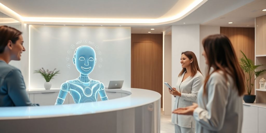 Modern clinic reception with a friendly AI interface.