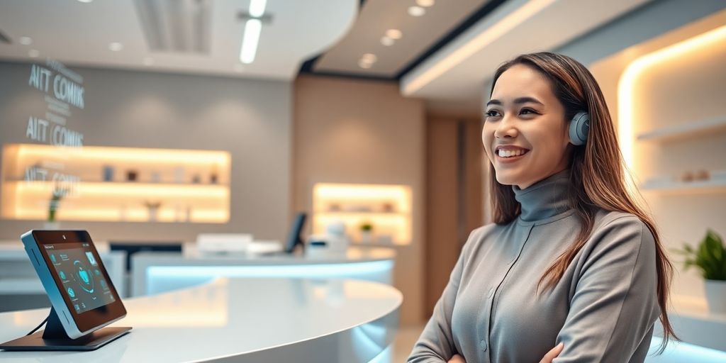 AI receptionist assisting a patient in a clinic.
